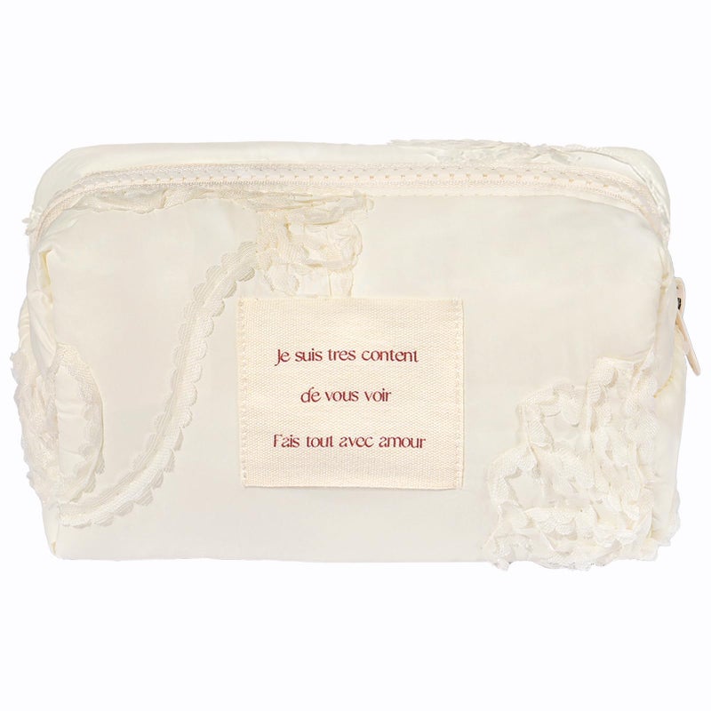 Sminra White Makeup Bag Small Nylon Cotton Quilted Cosmetic Makeup Bag Organizer  Aesthetic Floral Waterproof Portable Pouch Purse Toiletry Bag for Women Girls Travel accessories (White Lace-S) - Image 1